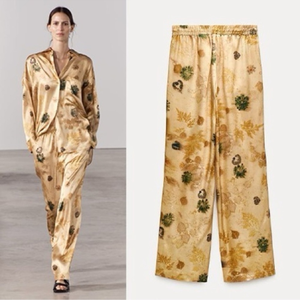 Zara Gold Floral Silk Trousers